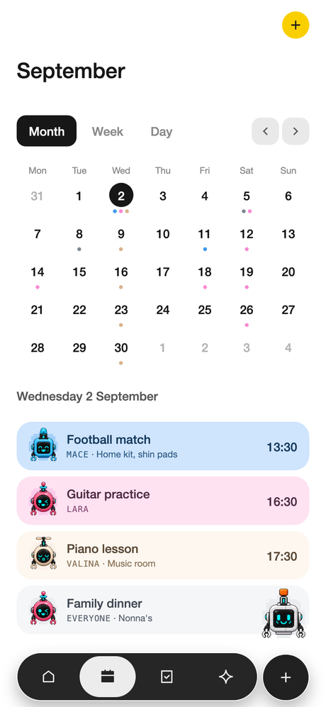 The SPARC calendar showing a month grid and the day’s events, colour-coded per family member