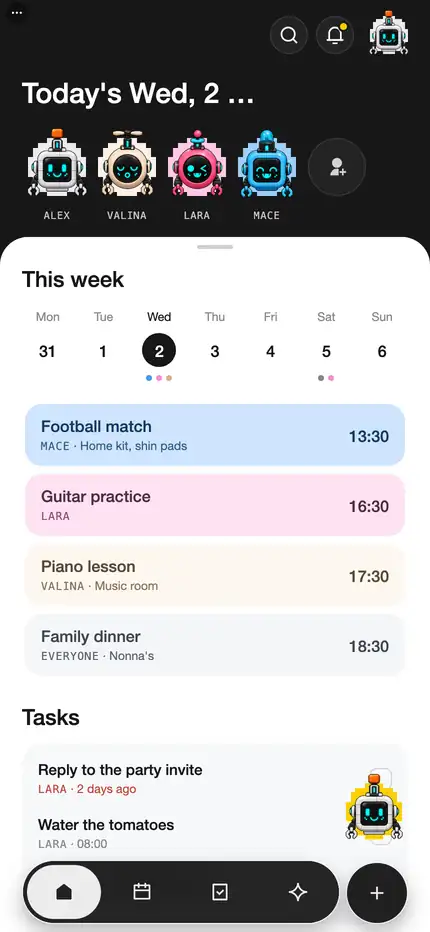 The SPARC home screen: scrolling the week, adding a family member with their own robot, and quick-adding First day of school by typing it.