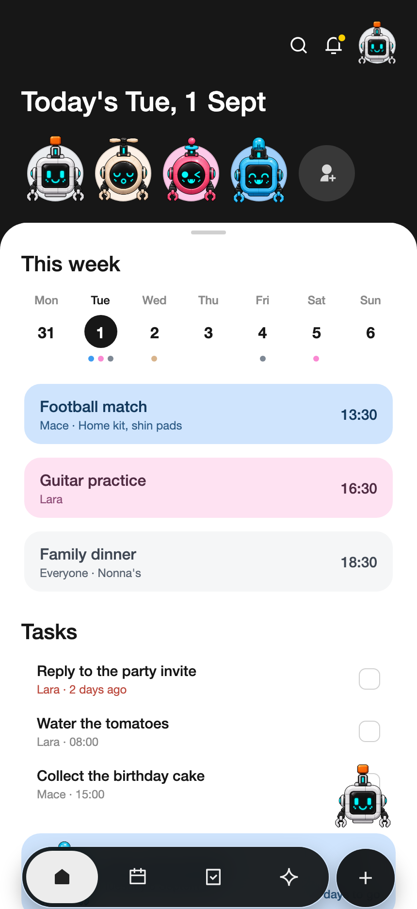 The SPARC home screen: this week's family events and the household's tasks.