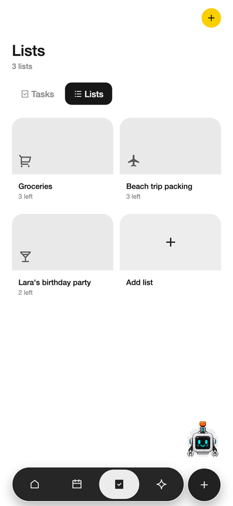 The SPARC lists screen showing shared shopping and packing lists
