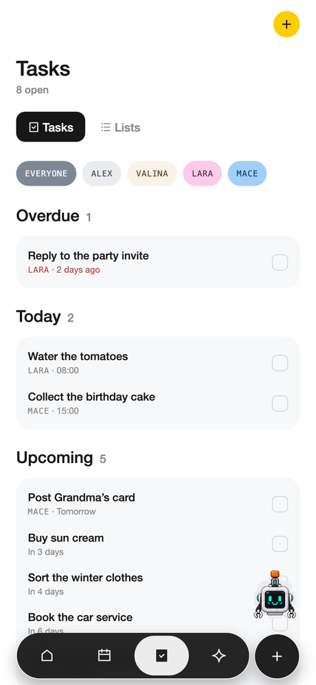 The SPARC tasks list with items assigned to different family members