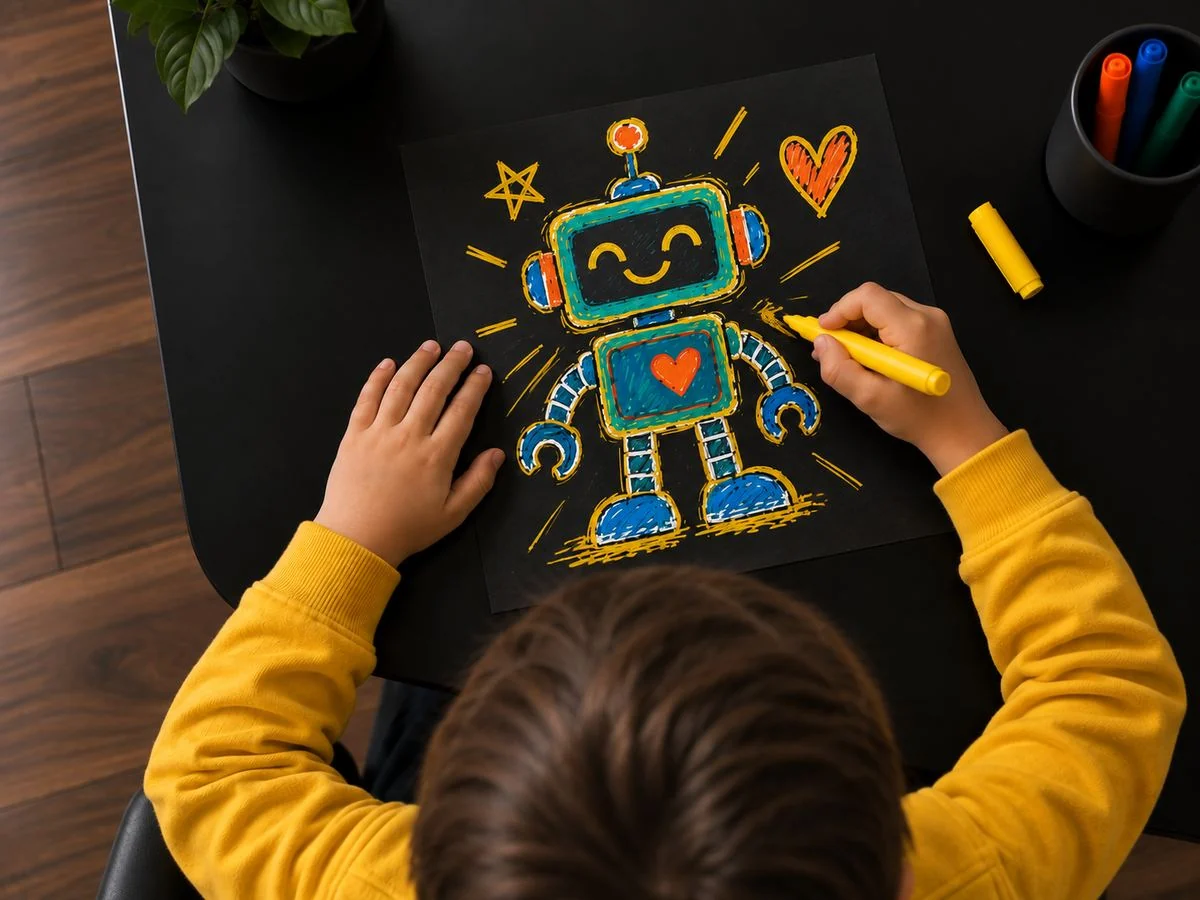 A child drawing a smiling robot in crayon, saved as a moment