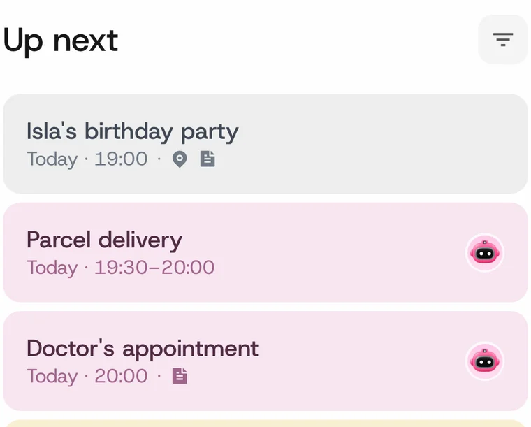 Sparc’s Up next list: the day’s plans, each in its person’s colour.